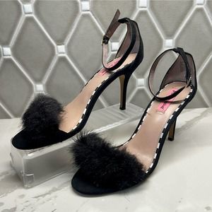 Betsey Johnson Black Harpur Faux Fur Stiletto Heels, Ankle Strap, Size 10